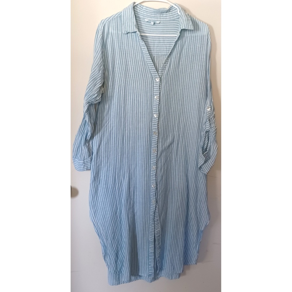 Blue Island Shirtdress Women Large Blue White Striped Cotton Gauze Roll Tab Boho